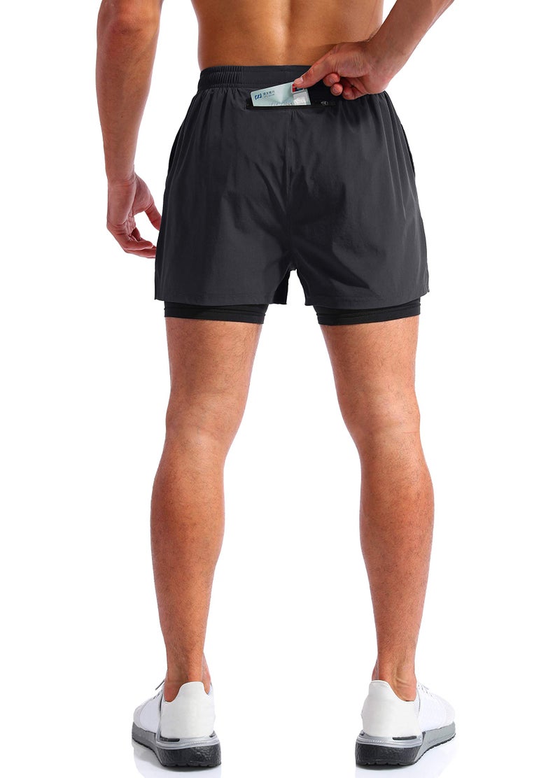 Pudolla Menâ€™s 2 in 1 Running Shorts 5" Quick Dry Gym Athletic Workout Shorts for Men with Phone Pockets(Dark Grey Large) - Image 4